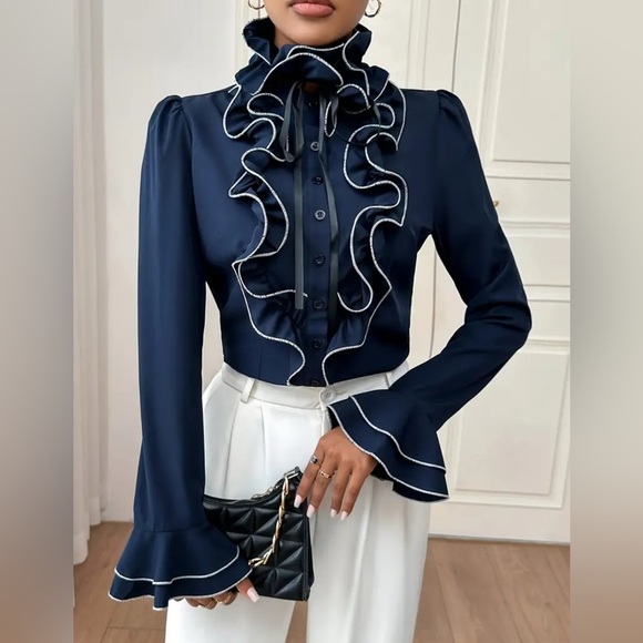 Midnight Blue Ruffle Blouse Size L - Picture 2 of 5